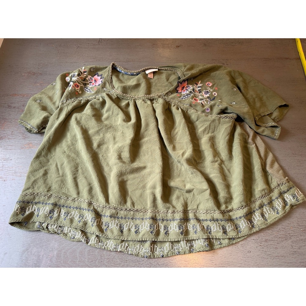 Knox Rose Olive Green Floral Embroidered Boho Peasant Blouse XXL Short Sleeve